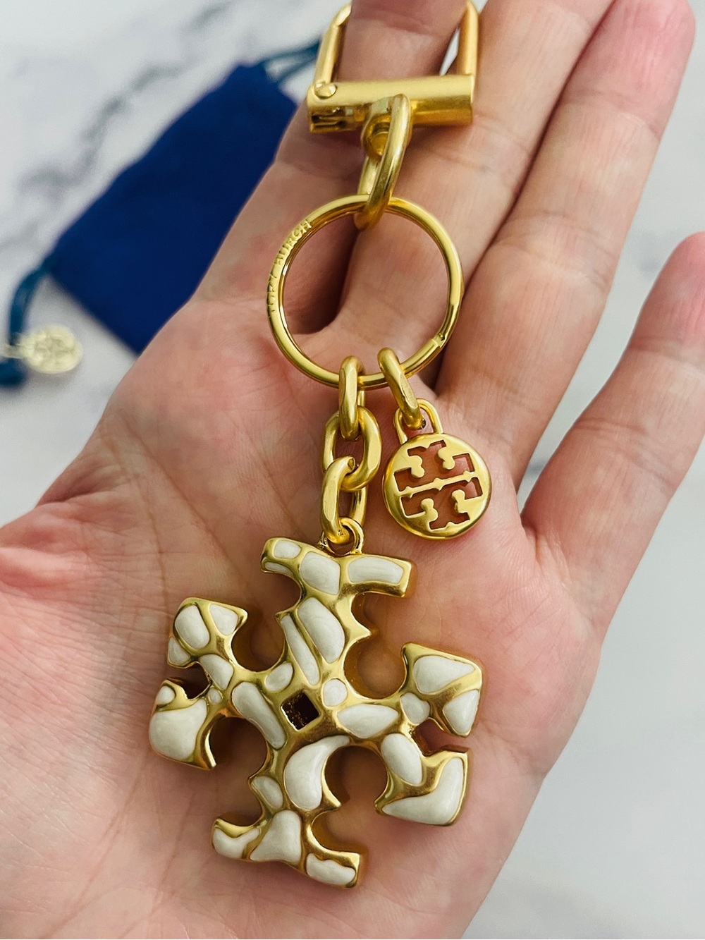 Tory Burch Gold-Tone Key & Card Holder Charm with Cream Enamel Logo